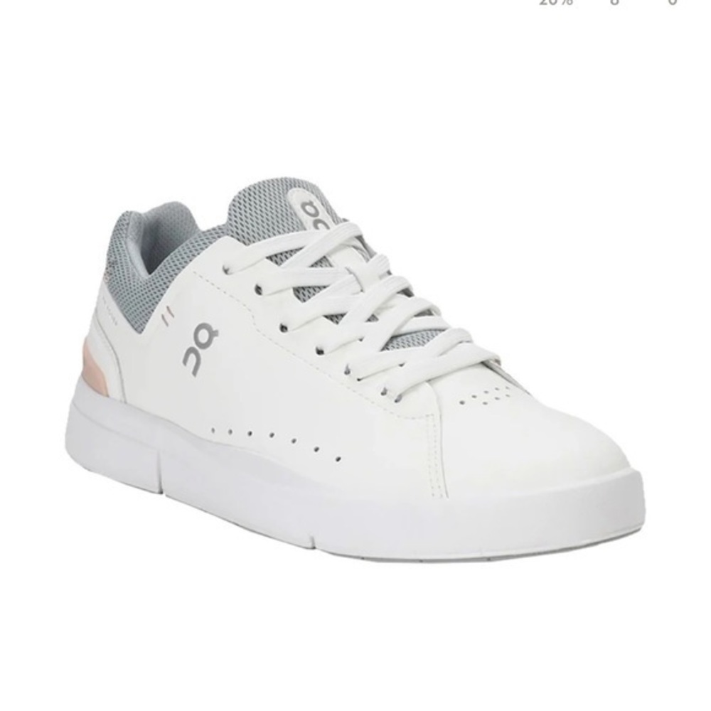 On Running White Sneakers with Gray Mesh and Blush Heel Accent